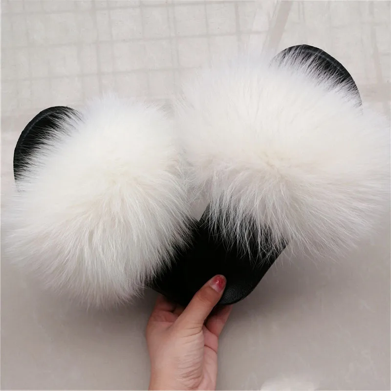 Women Fox Fur Slippers Real Fox Fur Slides Lovely Plush Slippers Woman Summer Home Sandals Women Fur Slides Furry Flip Flops Hot