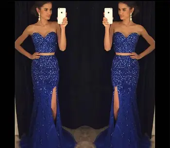 

Vestidos De Fiesta Two Pieces Mermaid Prom Dresses 2017 New Beads Crystal Sweetheart High Split prom gowns robe de soiree