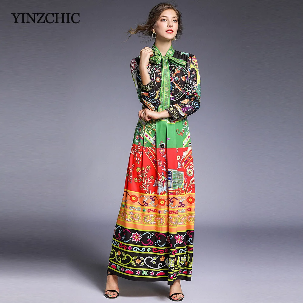 Ethnic Print Woman Maxi Autumn Dress Bow neck Female Elegant Party ...