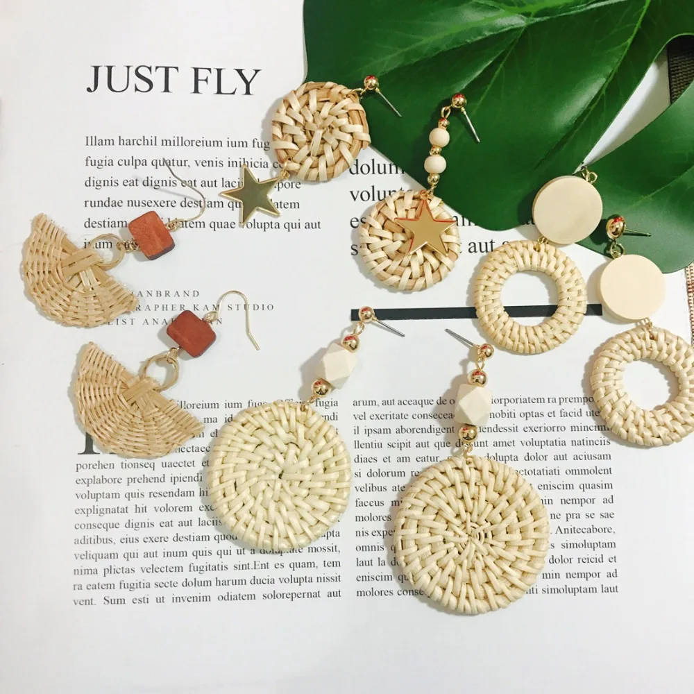 

11 Style Korean Handmade Rattan Weave Wooden Earrings Big Geometric Circle Irregular Drop Earrings For Women Beach Party Jewelry