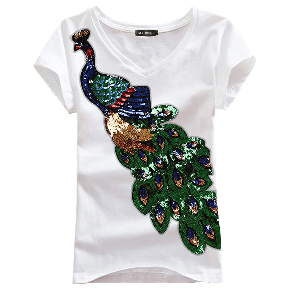 Новая модная Эстетическая футболка в стиле Харадзюку, Элегантные Топы И Футболки с короткими рукавами и вышивкой в виде павлина и пайеток, модная повседневная парная футболка