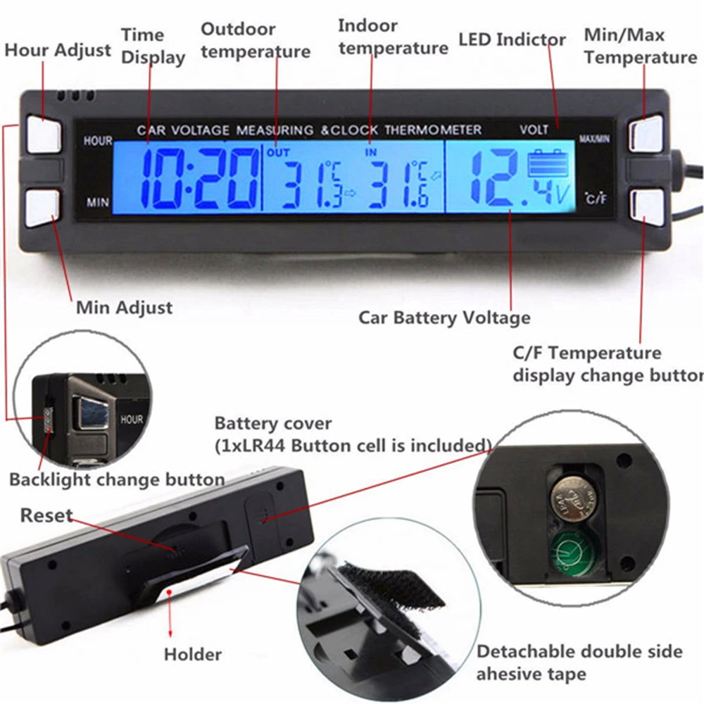  Universal 12V/24V Red/Orange Backlight Car Digital LCD Display Clockindoor/outdoor ThermometerVolta