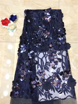 

3DLace Fabric 2019 Latest French Nigerian Laces Fabric High Quality African Beads Lace Fabric For Wedding Dress 5yards lake blue