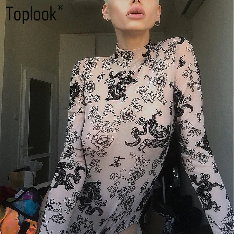 Toplook печати трико Для женщин пикантные с длинным рукавом Прозрачный Mock Neck эластичные Комбинезоны See Through эластичные Топы 2019 Новый Осень