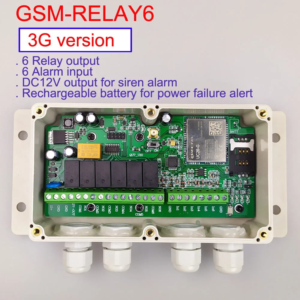 New Version 6 relay output and 6 alarm input 3G / GSM remote controller Support SMS Dial to control battery for power off alert