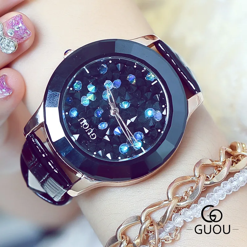 GUOU брендовые модные женские кварцевые часы с кристаллами Reloj Mujer Relojes Роскошные
