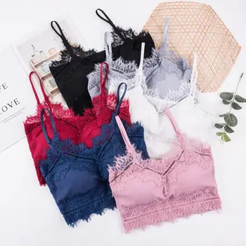 

Bra Women Tube Top Lace Sexy Solid Color Cotton Thread Wire Free Lingerie Wild Push Up Female One-Piece Adjust-Strap Underwear