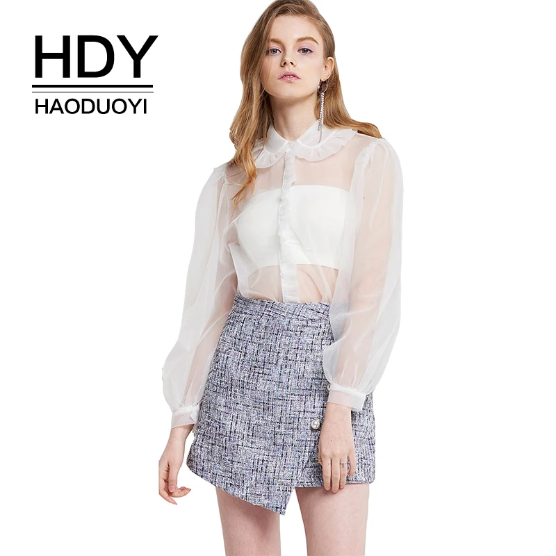 

HDY Haoduoyi Solid White Sheer Doll Collar Long Sleeve Blouse Casual Loose Long Sleeve Ruffles Elegant Hot Shirt For Female