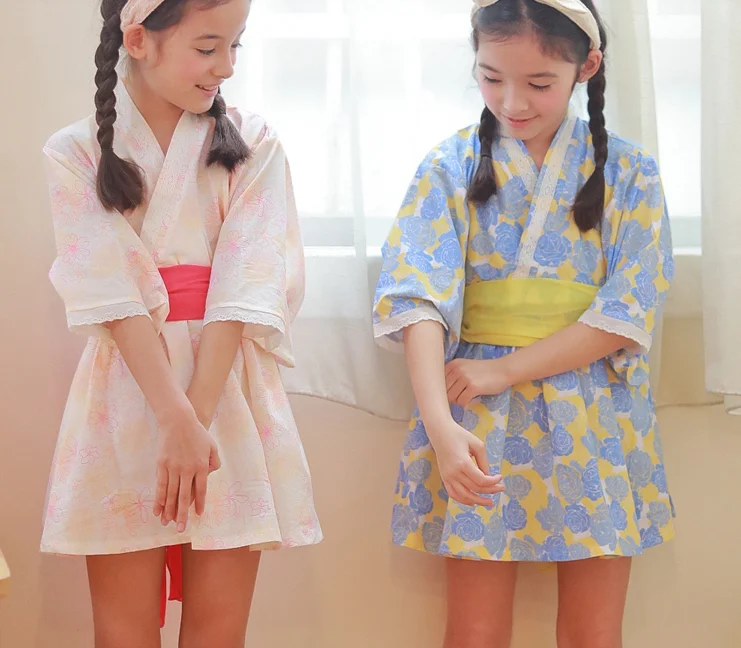 Японские традиционные костюмы, детское кимоно, хлопковый Халат для детей, кимоно, платье с Obi Yukata, танцевальная одежда для девушек Z947