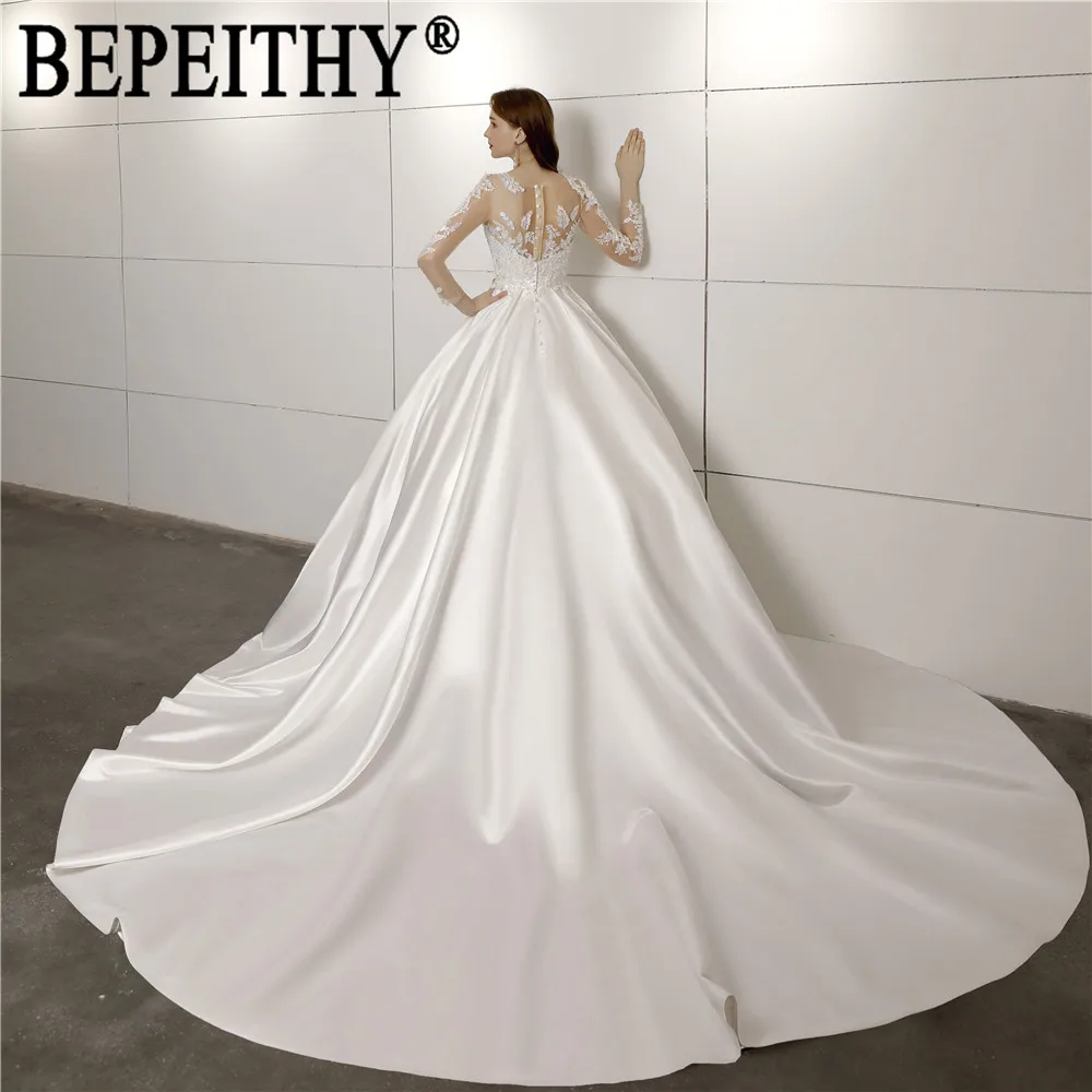 BEPEITHY Новое поступление vestido de noiva Аппликация из бисера v-образный вырез атласное с длинными рукавами простое дешевое свадебное платье