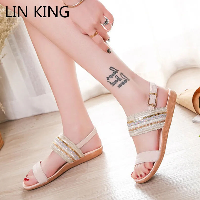 

LIN KING Fashion Rhinestone Women Gladiator Sandals Mixcolor Buckle Woman Flats Sandals Big Size Lady Summer Outside Beach Shoes
