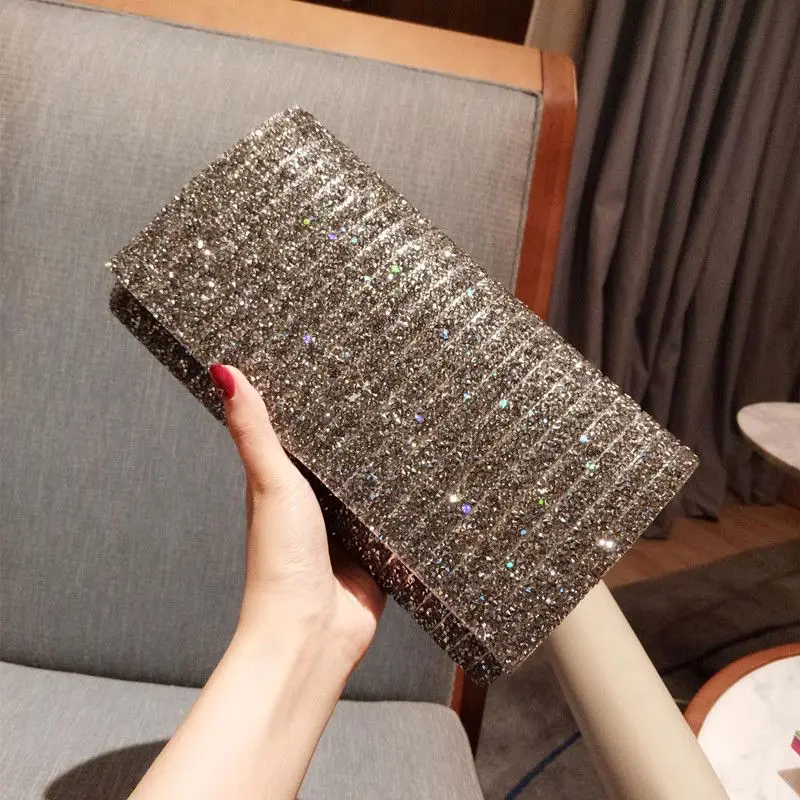 

Women Evening Bag black silver glitter Ladies Satin Evening Clutch Bags B308 Bridal Wedding Party Bag Handbag Bolsa Mujer