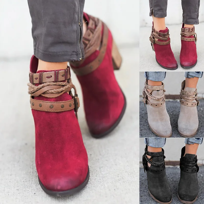 

Women's Round Toe Buckle Strap chunky Heel Zipper Closure Ankle Boots Short Boots For Buckle Shoes Ladies