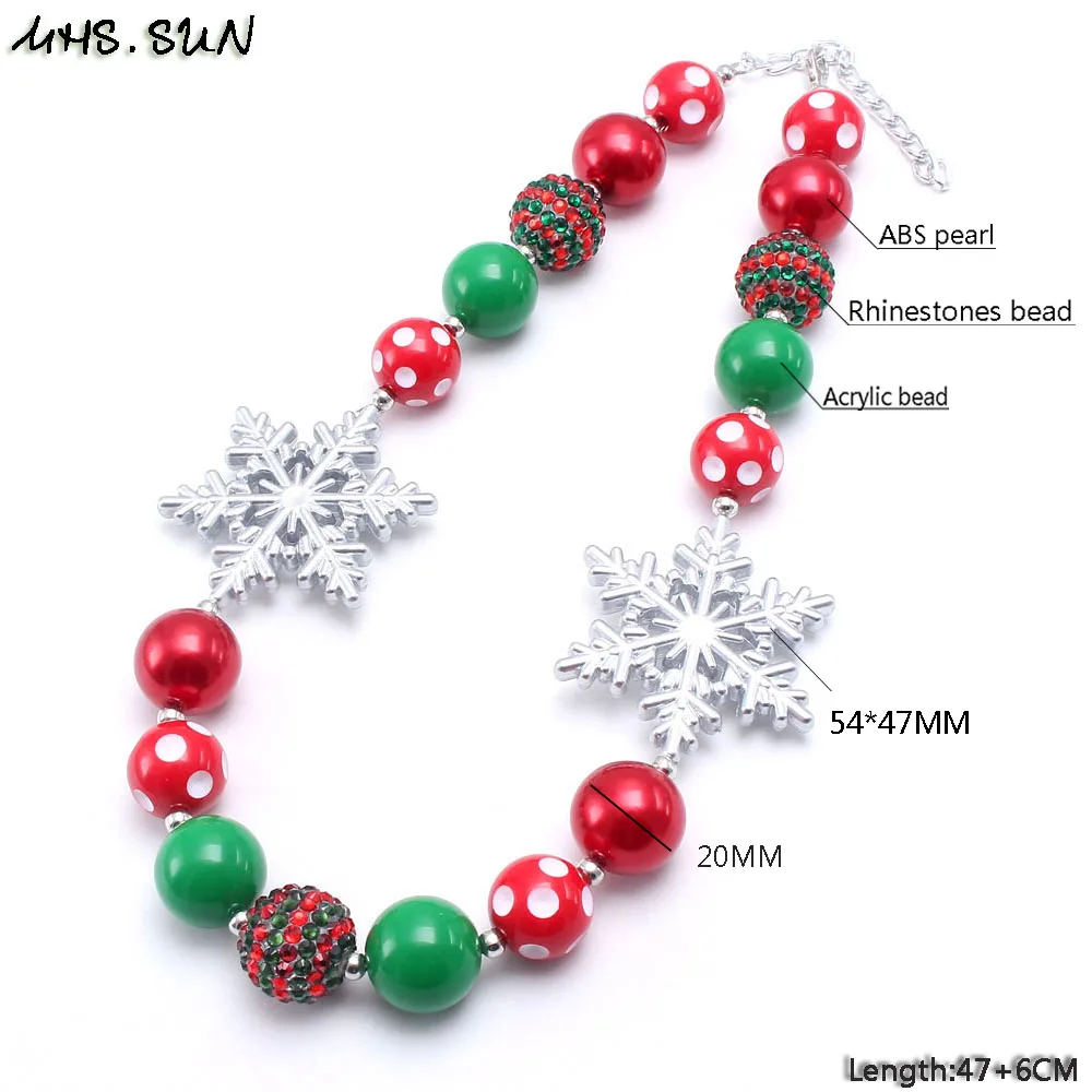 605-1 (6)$5.85-1PC-100g.Kids Girls Christmas Chunky Beads Necklace Fashion Snowflake Children RedGreen Bubblegum Beads Chunky Necklace Jewelry