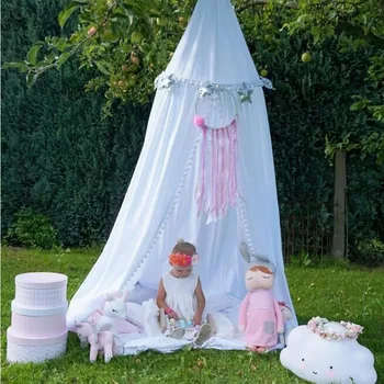 

Nordic Style Nursery Playroom Decor Canopy White Pink Grey Hanging Bed Canopy with Tassel Ball Photo Prop Princess Room Wedding