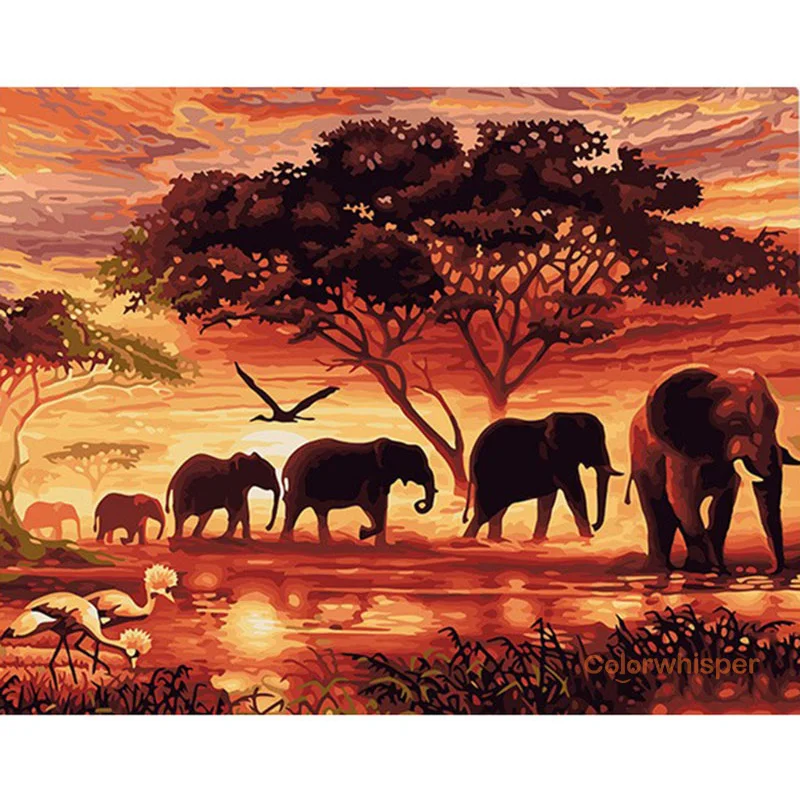 

Full Square Drill 5D DIY Rhinestone Diamond Painting"Setting Sun Landscape Elephant"Daimond Embroidery Painting LE00159