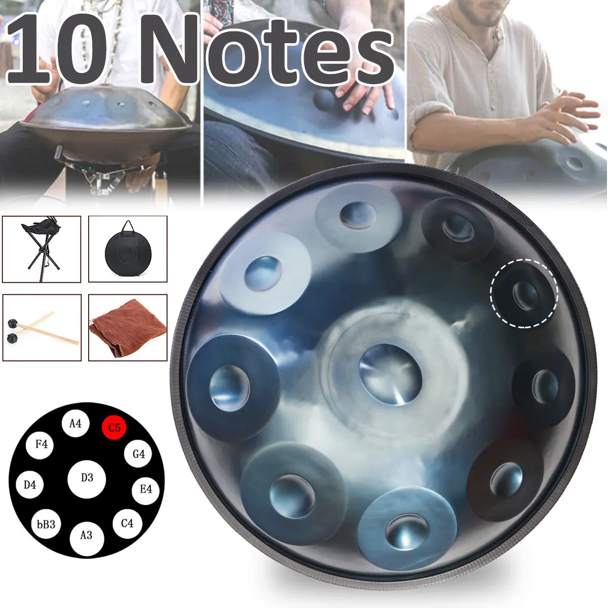 

Upgraded 10 Notes Handmade Performance Hand Drum Handpan Steel 56cm Hand Drum 10 Tones Percussion Musical Instruments Drum Gift