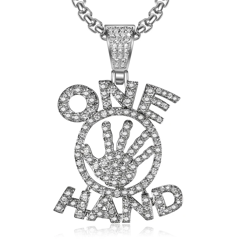 

Missfox Letter Stitching One Hand Palm Pendant Necklace Micro-inlay Zircon Golden Hip Hop Rap Wind Necklace For Man Jewelry New