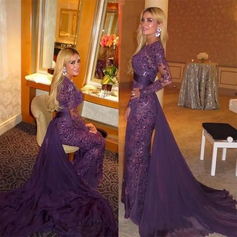 

Purple Muslim Evening Dresses 2019 Mermaid Long Sleeves Lace Crystals Islamic Dubai Saudi Arabic Long Elegant Evening Gown