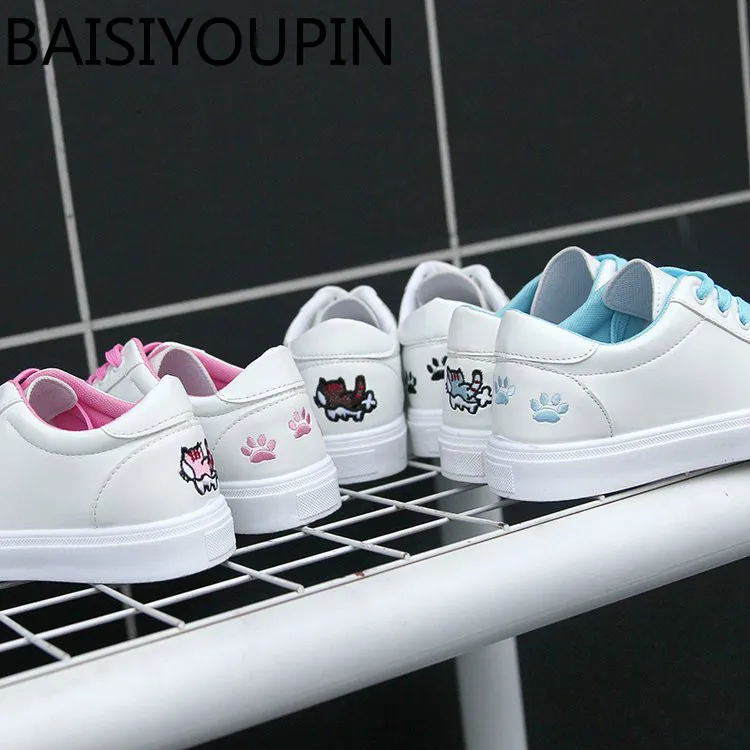 

2018 New Joker Small White Shoes Female Students Flat-bottomed Shoes Korean Cat Footprints Leisure White Shoes Girl Causal Shoes