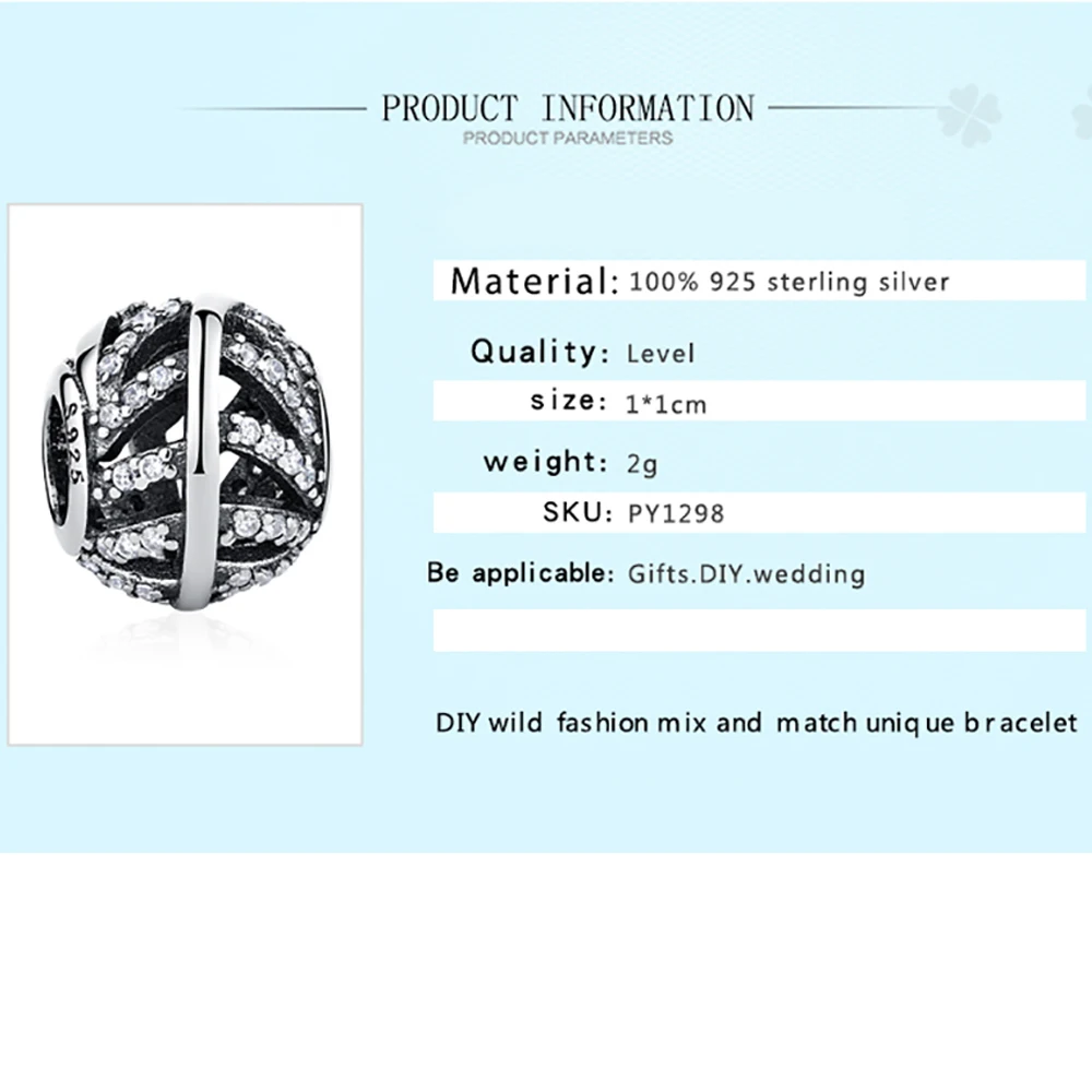 ELESHE 925 Sterling Silver Openwork Crystal Leaf Bead & Charm Fit Original Bracelet Necklace DIY Jewelry Making