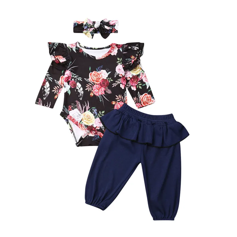 Осенняя одежда для новорожденных и маленьких девочек комбинезон с длинными рукавами и круглым вырезом и цветочным рисунком, штаны
