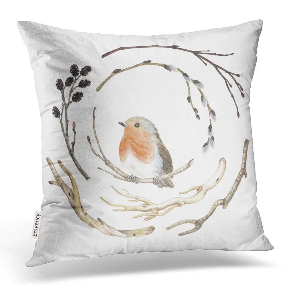 

Pillow Covers Collection Branches Bird Robin Erithacus Rubecula Pillowcases Square Hidden Zipper Home Pillowcase