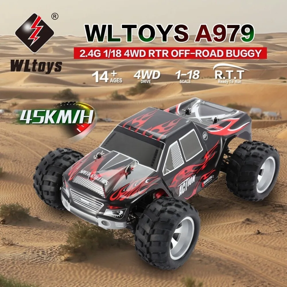 

WLtoys A979 RC 2.4GHz 1/18 Full Proportional Remote Control 4WD Vehicle 45KM/h Brushed Motor Electric RTR Off-road Buggy RC Car
