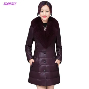 

Long Winter Women Leather Coat High Quality Fox Fur Collar Jacket Female Down Parka Sheep Skin Leather Outerwear Plus size 6XL