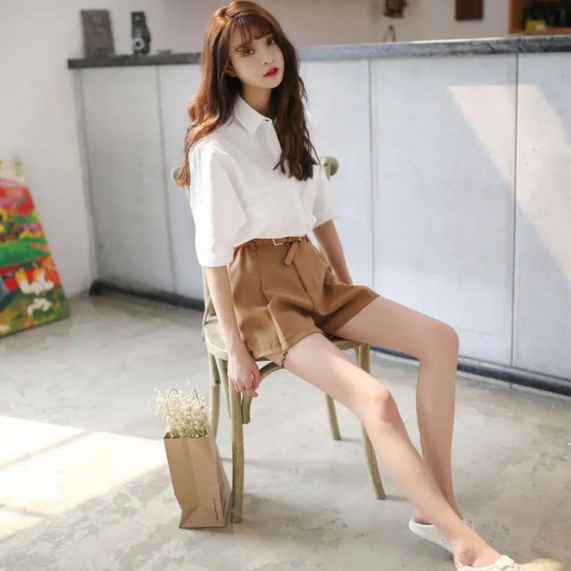 2017 Summer Korean style small fresh girl clothes fasion elegant turn-down neck puff sleeve single button two pieces pantsuits Women's Sets