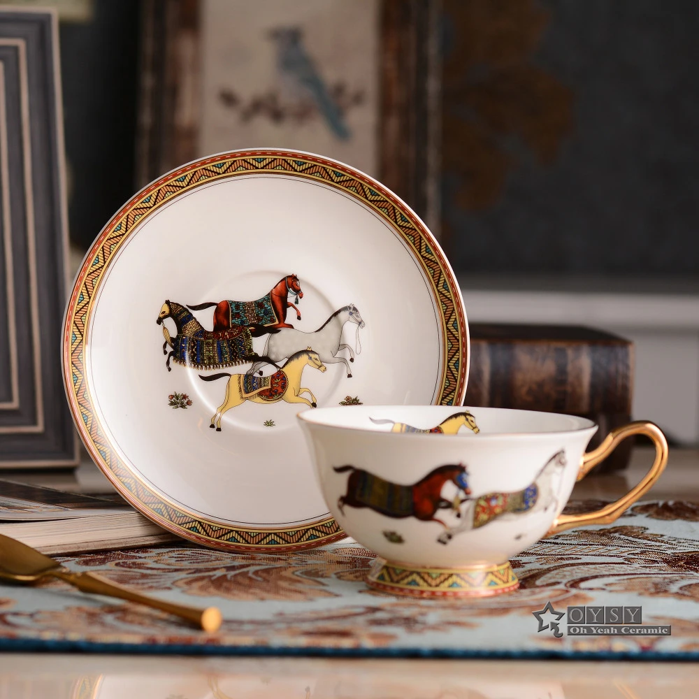 Porcelain Tea Cup And Saucer Ultrathin Bone China God Horses Design Outline In Gold Coffee Cup