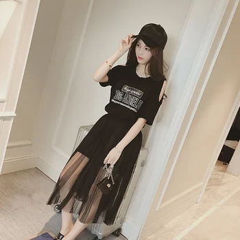 

2019 Fashion Women Round Neck Number Print Short Sleeve Cold Shoulder T Shirt Dress + Mesh Skirt Two-Piece Set