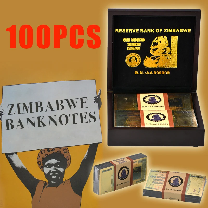 

WR 100pcs Fake Money 100 Trillion Dollars Zimbabwe with Quality Black Wooden Box 24K Gold Banknotes Paper Money Album Gift Box