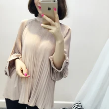 of 2016 Korean version of the new Lantern Sleeve Pleated Chiffon shirt coat color temperament all-match thin dress