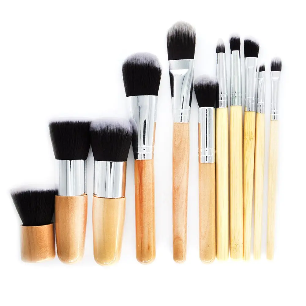 

11 PCS Natural Bamboo Makeup Brushes with Bag Professional Cosmetics Eyeliner Brush Kit Soft Kabuki Foundation Blending Tool