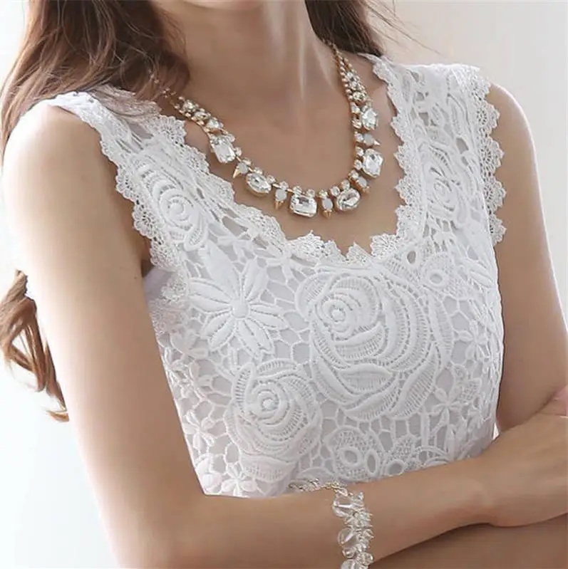 Lace Flower Patterned Women Sleeveless Blouses Summer Shirt Casual  3XL Loose Tops Blusas