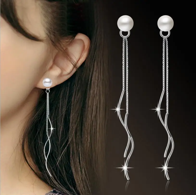 

Anenjery Exquisite Simple Fashion 925 Sterling Silver Tassel Ripple Ear Line Conch Pearl Long Earrings brincos For Women S-E172