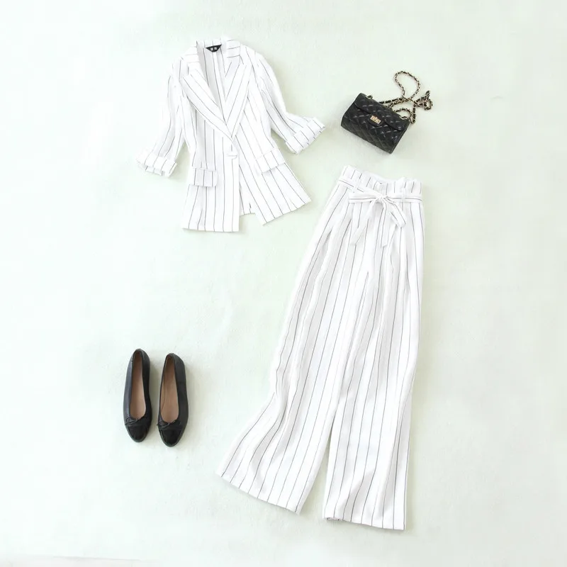 

Suit women spring and summer new fashion suit 7 points sleeve small suit + wide leg trousers imitation hemp two-piece