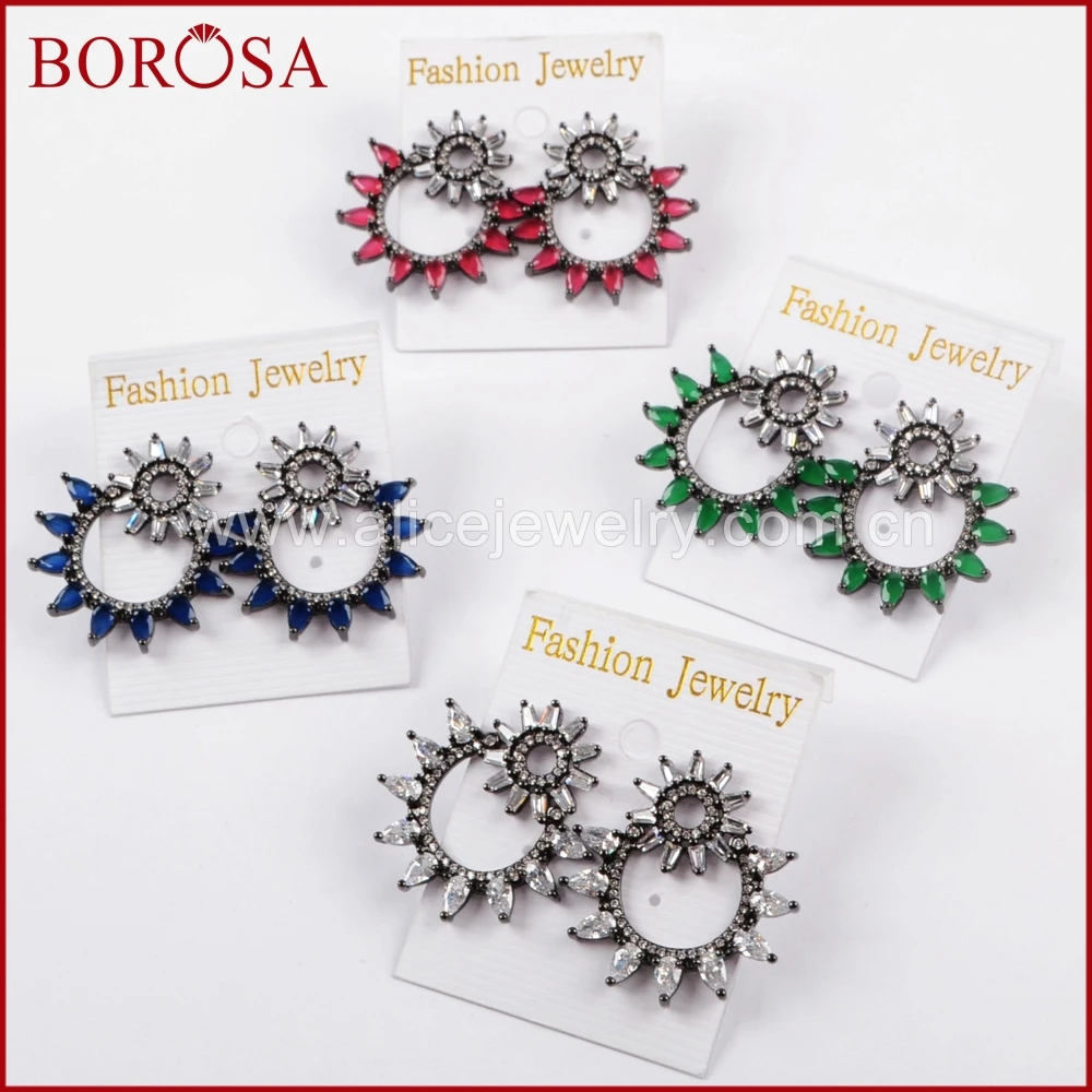 

BOROSA Handcrafted Drusy Stud Earrings,Black Color CZ Micro Pave White Zircon Crystal Gem Earrings for Women Girls Jewelry WX800