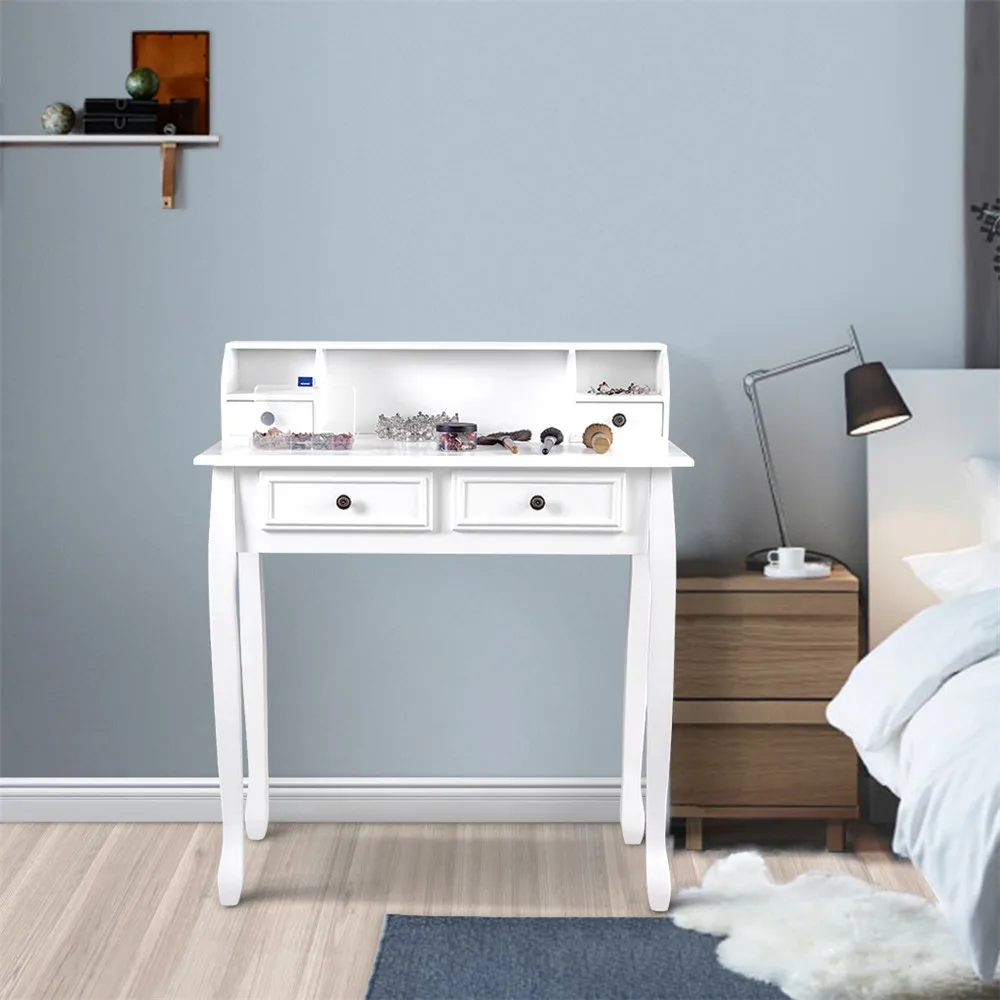 LANGRIA Makeup Dressing Table Vanity with 4 Drawers, 3 Open Storage Compartments and Solid Rubberwood Legs Makeup Dresser-White 15