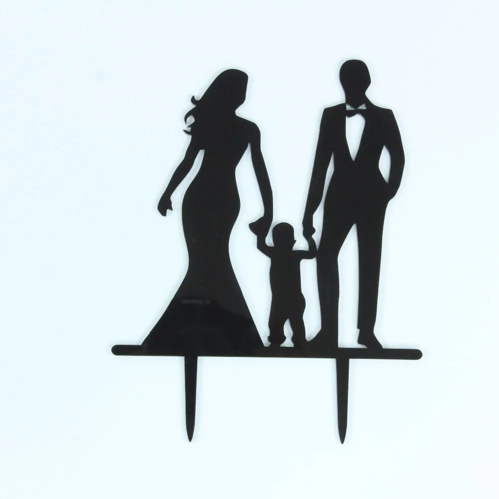 Wedding Bride /& Groom Silhouette with Kid Acrylic Wedding Cake Topper Black
