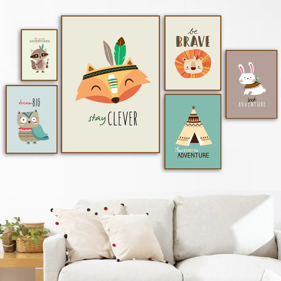 

Cartoon Fox Lion Rabbit Owl Raccoon Tent Wall Art Canvas Painting Nordic Posters And Prints Wall Pictures Kids Baby Room Decor