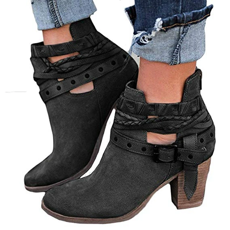 

Women Boots Spring Autumn High Heels Shoes Female Rivet Buckle Daily Shoes Short Boots PU Leather Ankle Boots