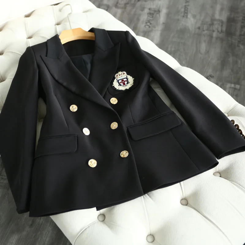 High-end European and American Street Trendy Women's Wear Long Sleeve Slim Handmade Badge Small Suit 2019 Black Suit