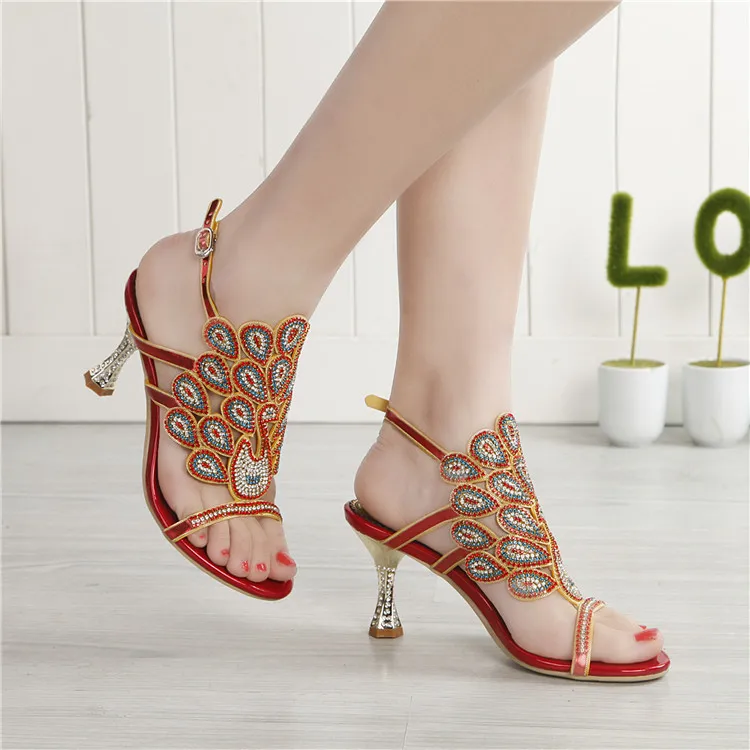 G-sparrow 2018 Summer New Korean Sexy Red Rhinestone Sandals Stiletto High Heel Diamonds Comfortable Womens Shoes Large Size7