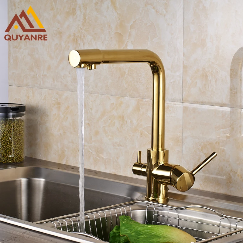

Gold-plated Kitchen Sink Faucet Pure Water Dual Handle Two Water Out Spout Water Filter Mixer Tap