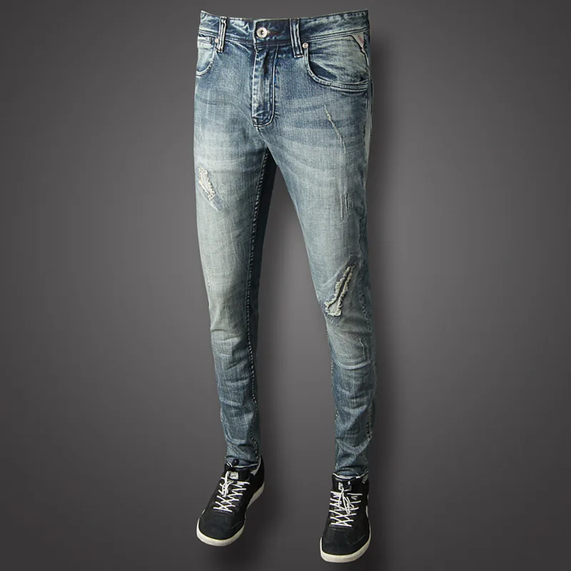 Italian Designer Men Jeans High Quality Slim Fit Ripped Jeans Casual