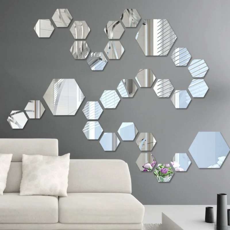 

Acrylic Mirror Stereo Wall Stickers Living Room Porch Aisle Staircase Personality Decorative Mirror Stickers Hexagonal Frame