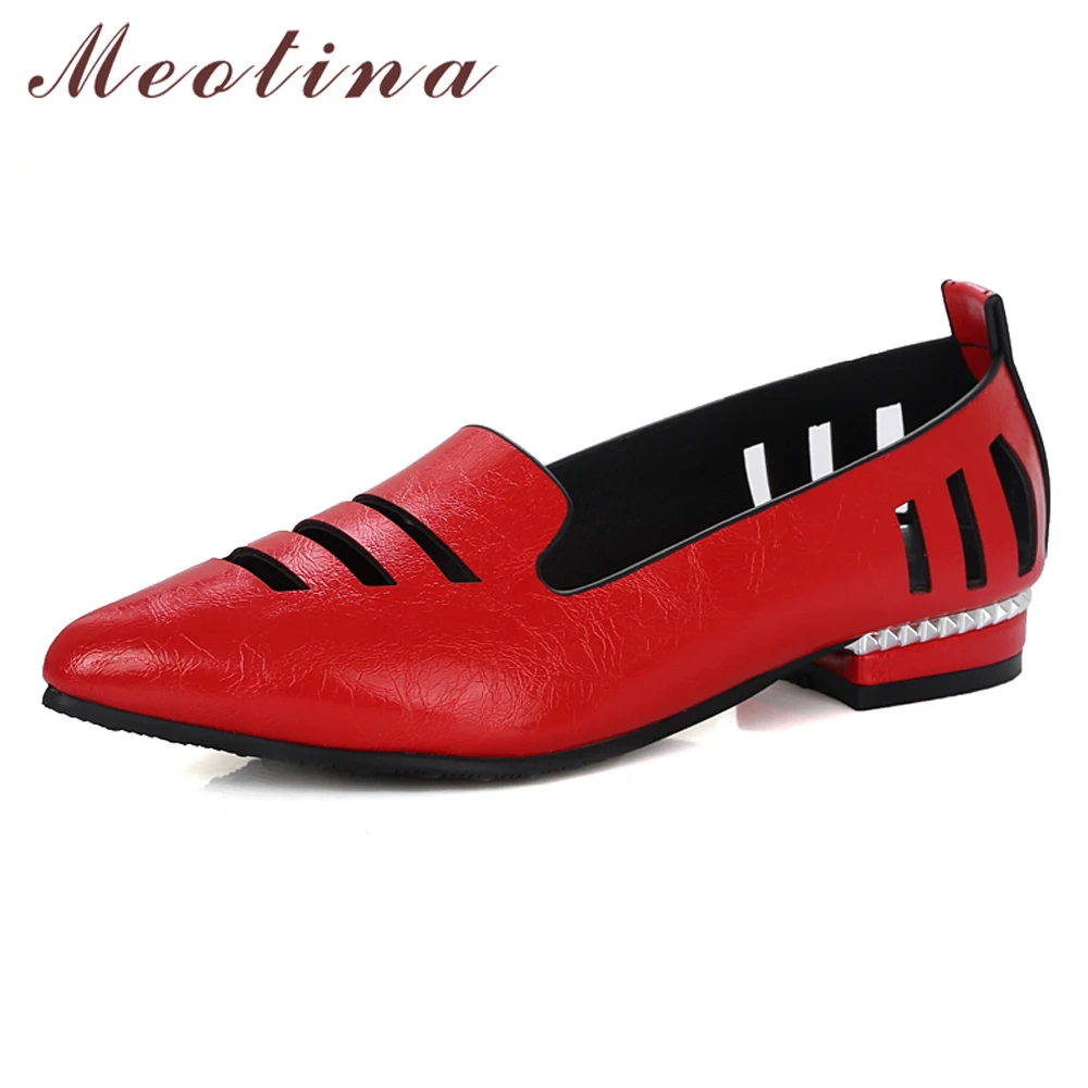 

Meotina Ballet Flats Shoes Women Fashion Flat Loafers Shoes Cutout Pointed Toe Boat Shoes Lady Footwear Spring Red Big Size 3-12