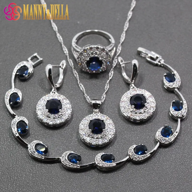 

Oustanding 4PCS Women Jewelry Sets 925 Sterling Silver Blue Cubic Zirconia Earring Pendant Necklace Bracelet Ring Free Gift S64